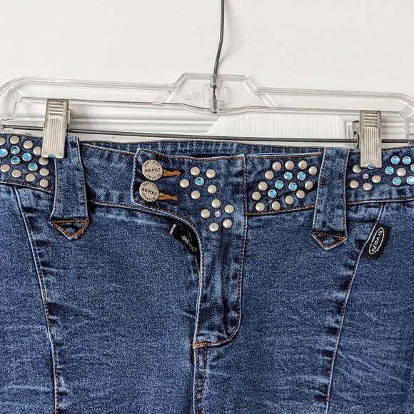 Vtg REVOLT USA Jeans Decorated w/Metal Studs & Faux Gems -Flared Bottom Boot Cut - Picture 2 of 14
